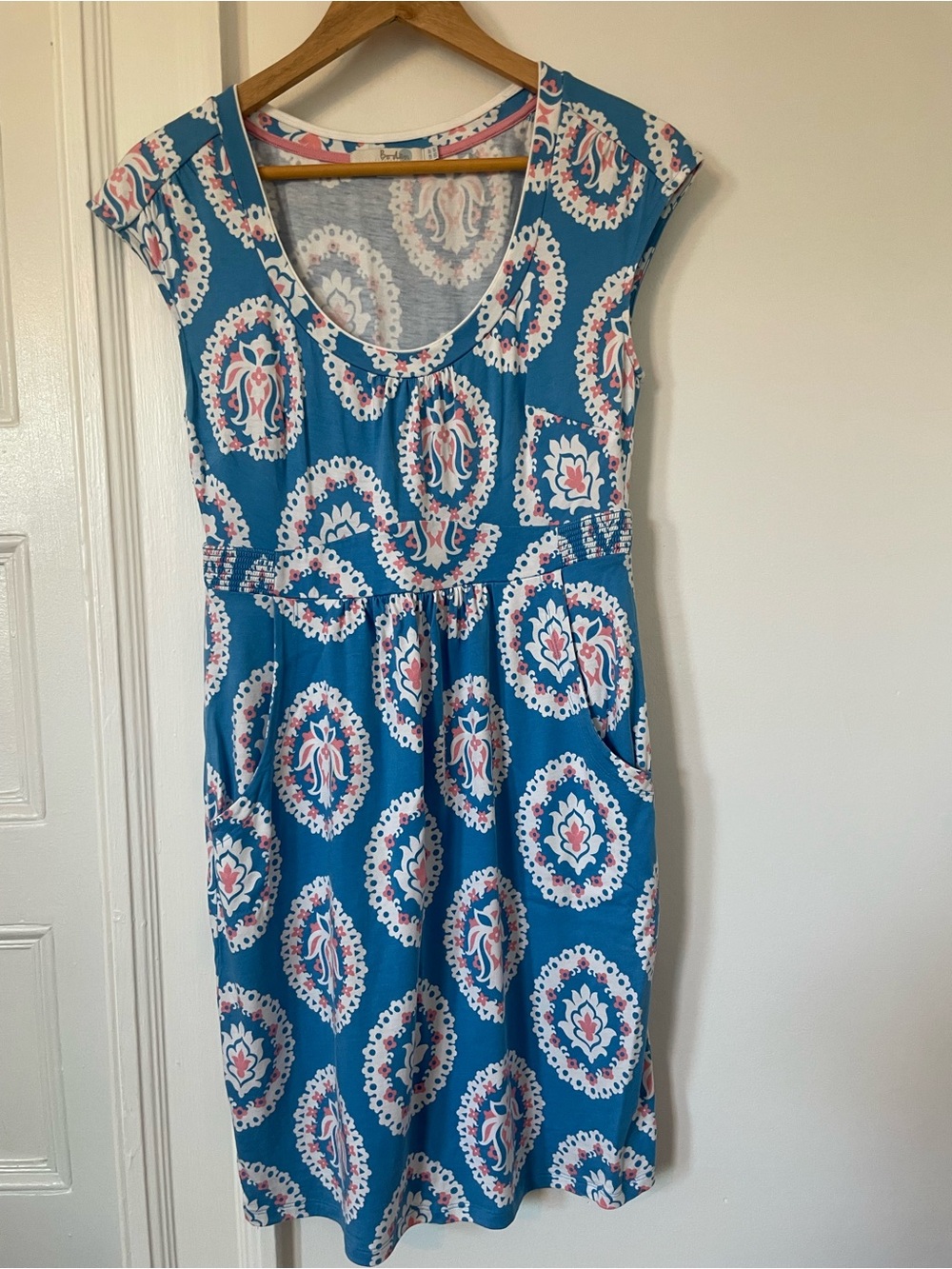 Boden Blue Medallion Cap-Sleeve Dress
